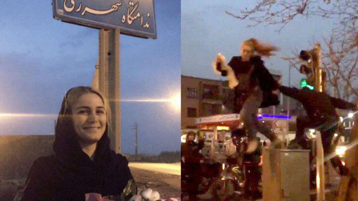 Maryam Shariatmadari is detained by Iranian security forces after removing her hijab in protest against mandatory veiling laws during the