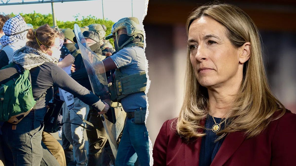 New Jersey Gov. Mikie Sherrill and protesters outside Newark’s Delaney Hall detention center.