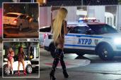 An image collage containing 3 images, Image 1 shows A person in high boots and a thong walks in front of an NYPD car at night, Image 2 shows A woman dressed in a scantily-clad outfit, leaning into the open window of a white car at night, Image 3 shows Two scantily clad alleged prostitutes on a street in Brooklyn, NY