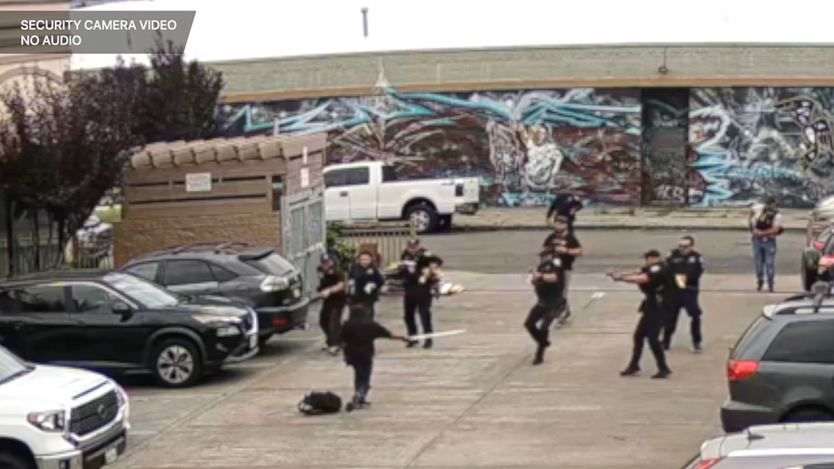Oakland police officers surround Jose Angel Castillo during a deadly officer-involved shooting captured on security video
