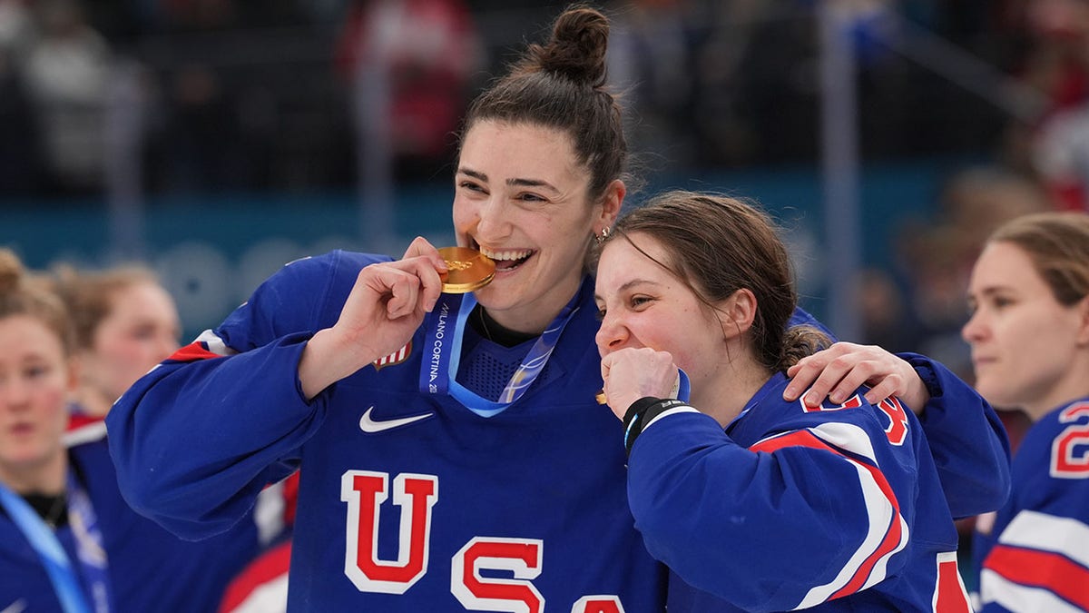 Megan Keller and Hannah Bilka celebrate
