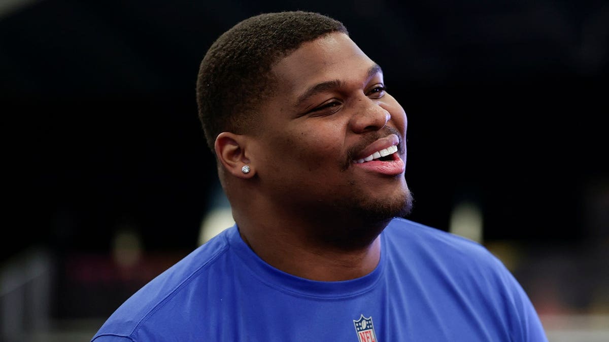 Quinnen Williams, number 92, stands during Dallas Cowboys Pro Bowl team practice.