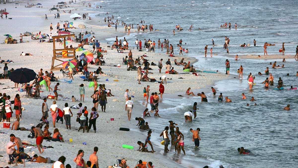 People enjoy a day at the beach in Pensacola, Florida, during a period of shark attacks.