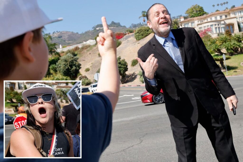 Mom encourages son to give Trump supporters the middle finger in volatile scenes ahead of president’s visit