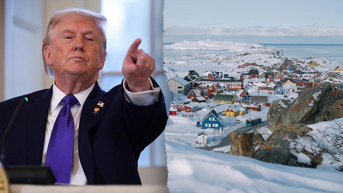 A split image of President Donald Trump pointing and the coast of Greenland