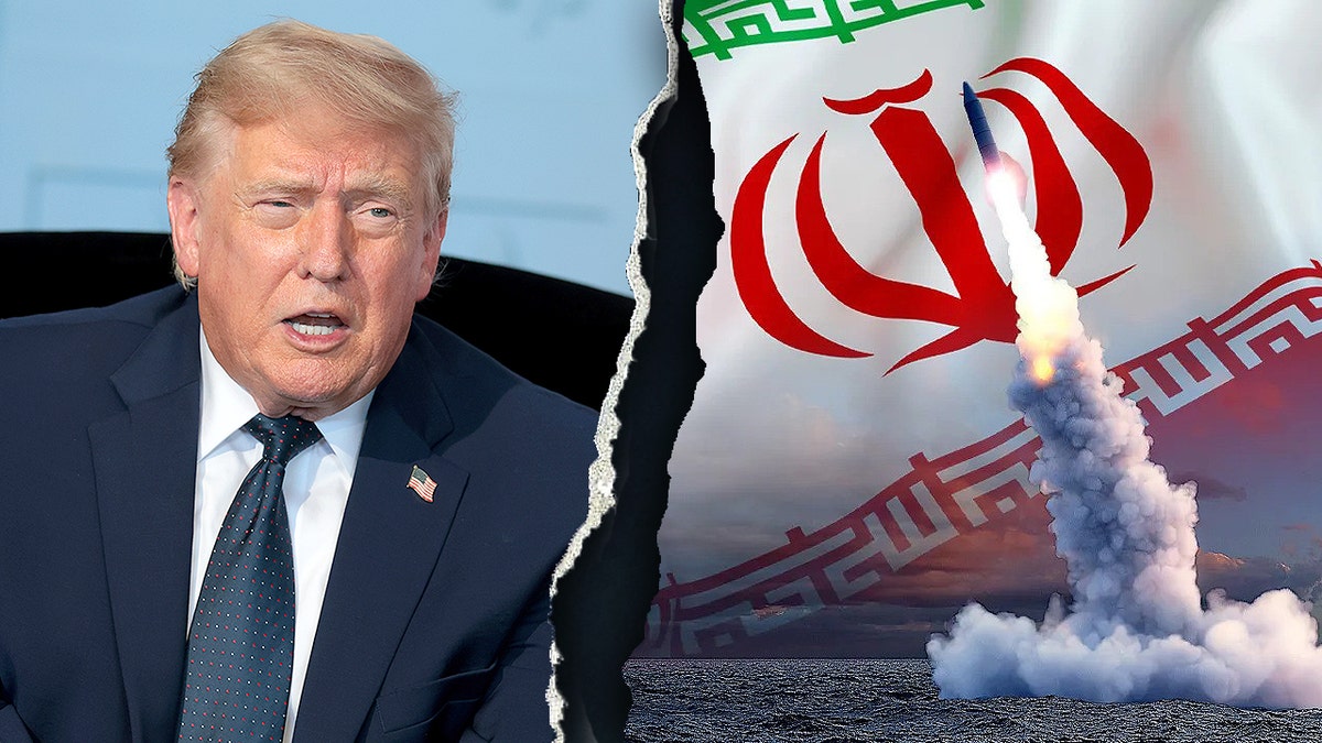 Composite image showing President Donald Trump, an Iranian flag and a missile launch.