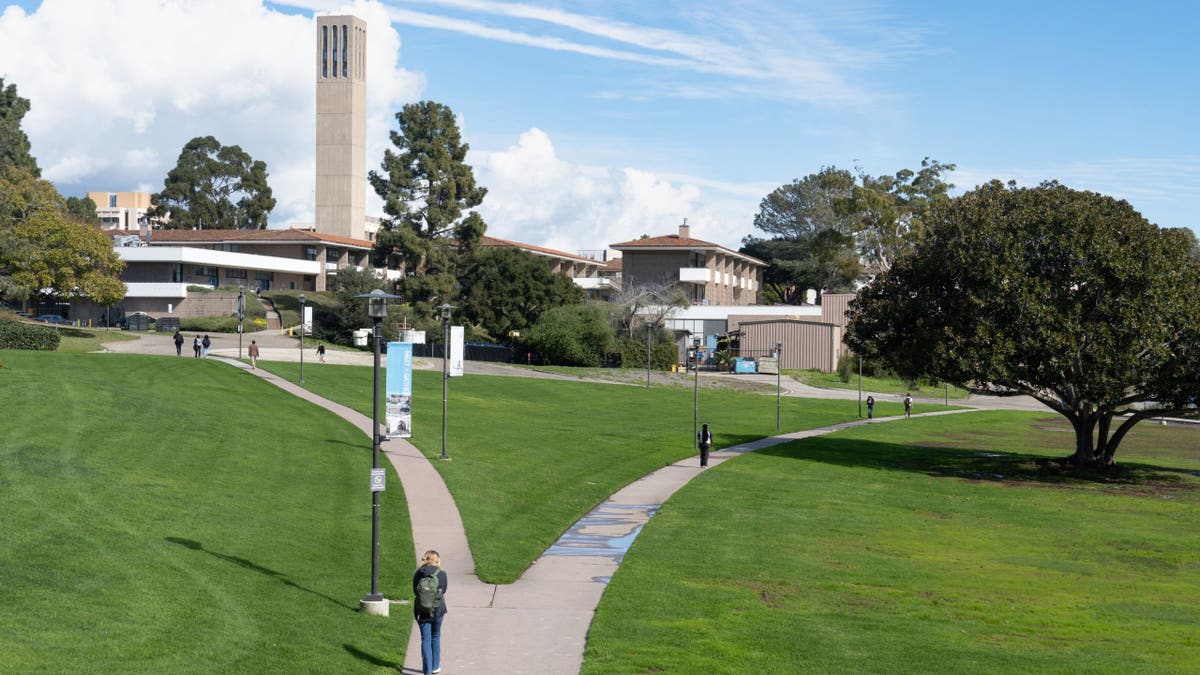 Walkway and Storke Tower on the University of California Santa Barbara campus