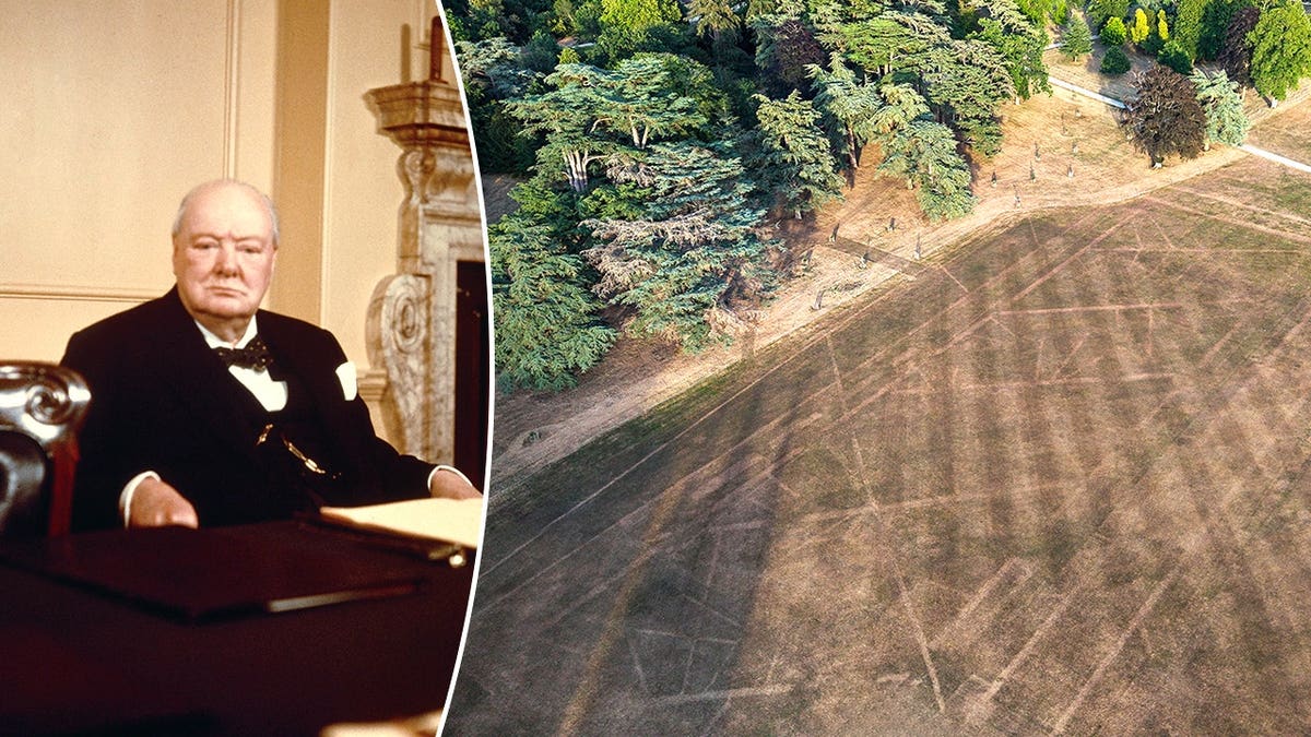 Split image of Churchill, aerial of gardens