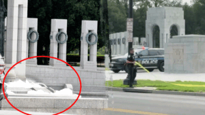 World War II Memorial on National Mall vandalized with pink spray paint; fountain overflowing with bubbles