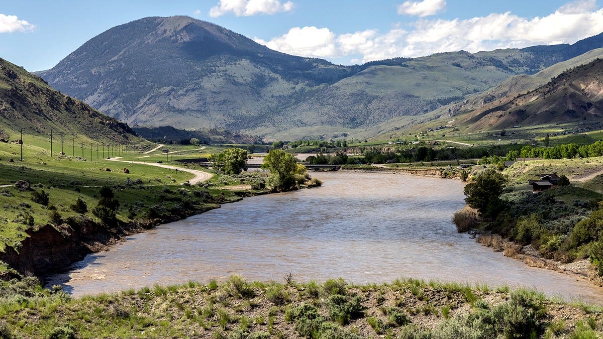 Yellowstone River eroding banks as it flows north toward Livingston, Montana.