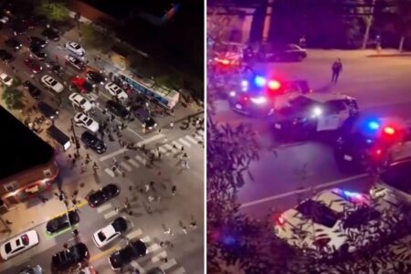 Wild drone video shows cops drop hammer on LA street takeover