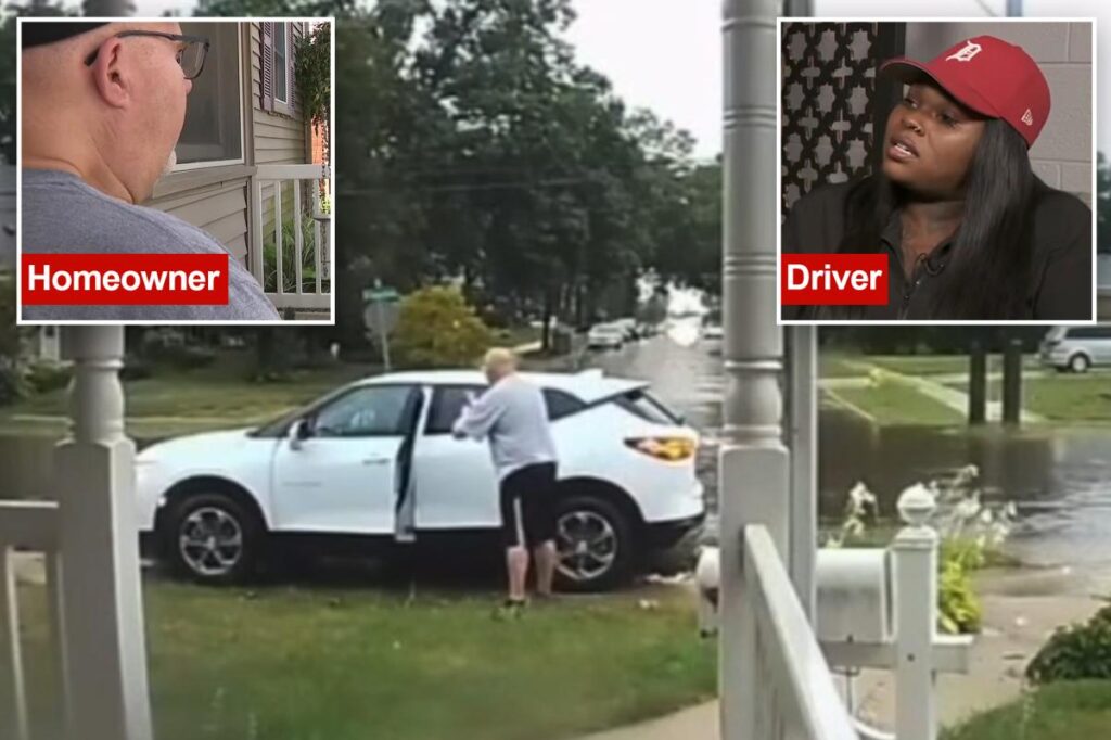 Michigan homeowner clashes with entitled driver who drove on his lawn to avoid flooded street