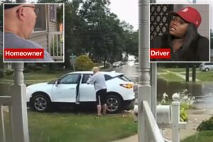 Michigan homeowner clashes with entitled driver who drove on his lawn to avoid flooded street