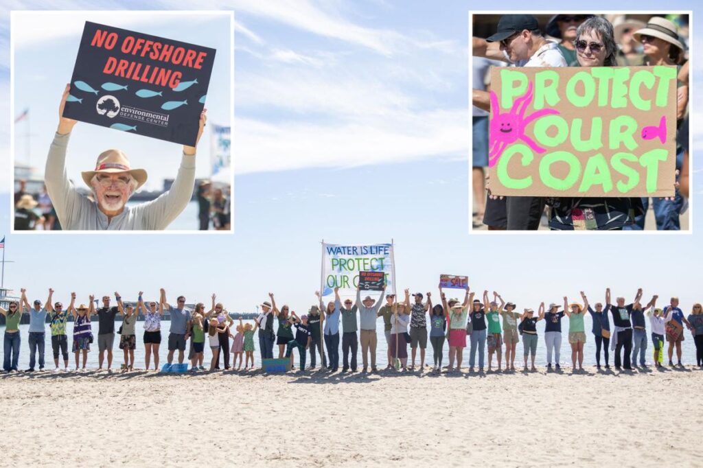 Hundreds of lefties link arms for bizarre ‘hands across the sand’ protest against California oil drilling