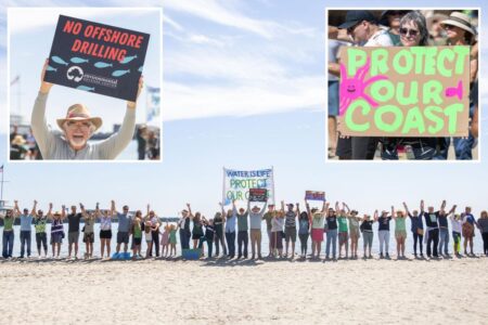 Hundreds of lefties link arms for bizarre ‘hands across the sand’ protest against California oil drilling