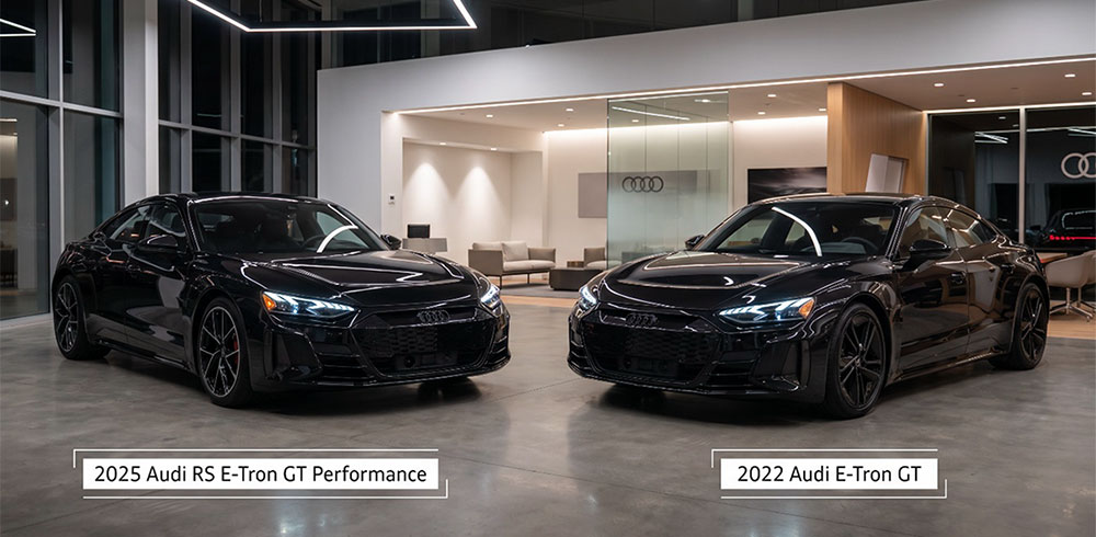 2025 Audi RS E-Tron GT Performance beside a 2022 Audi E-Tron GT