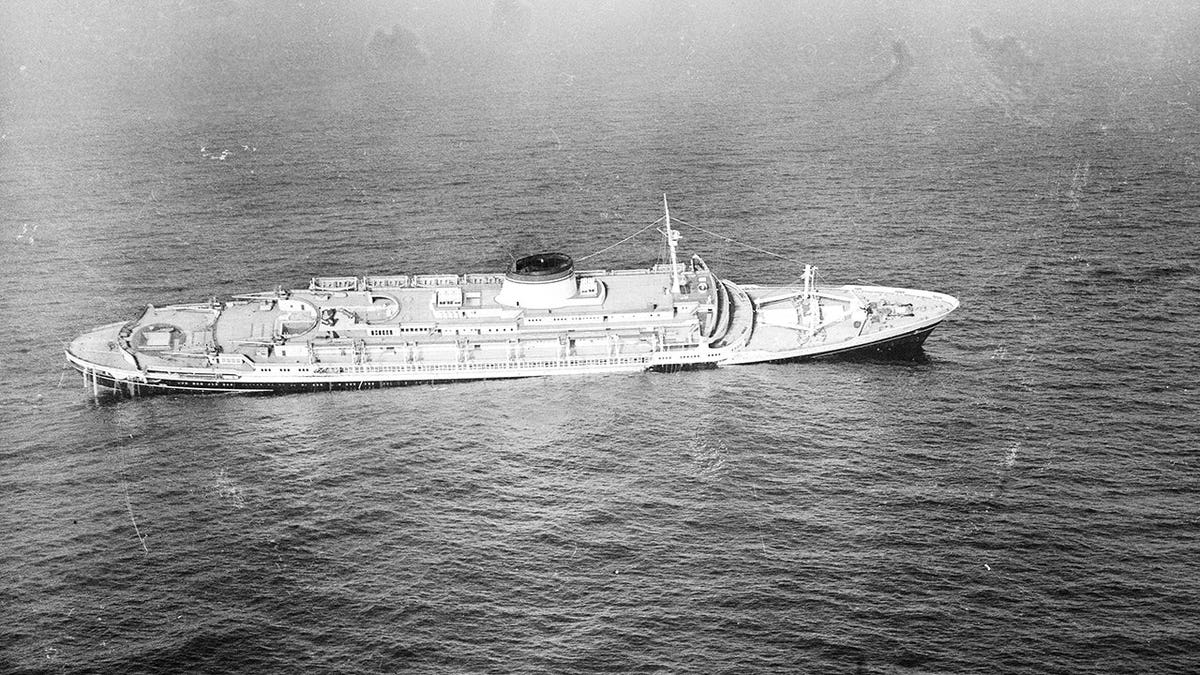 Black-and-white photo of Andrea Doria after collision