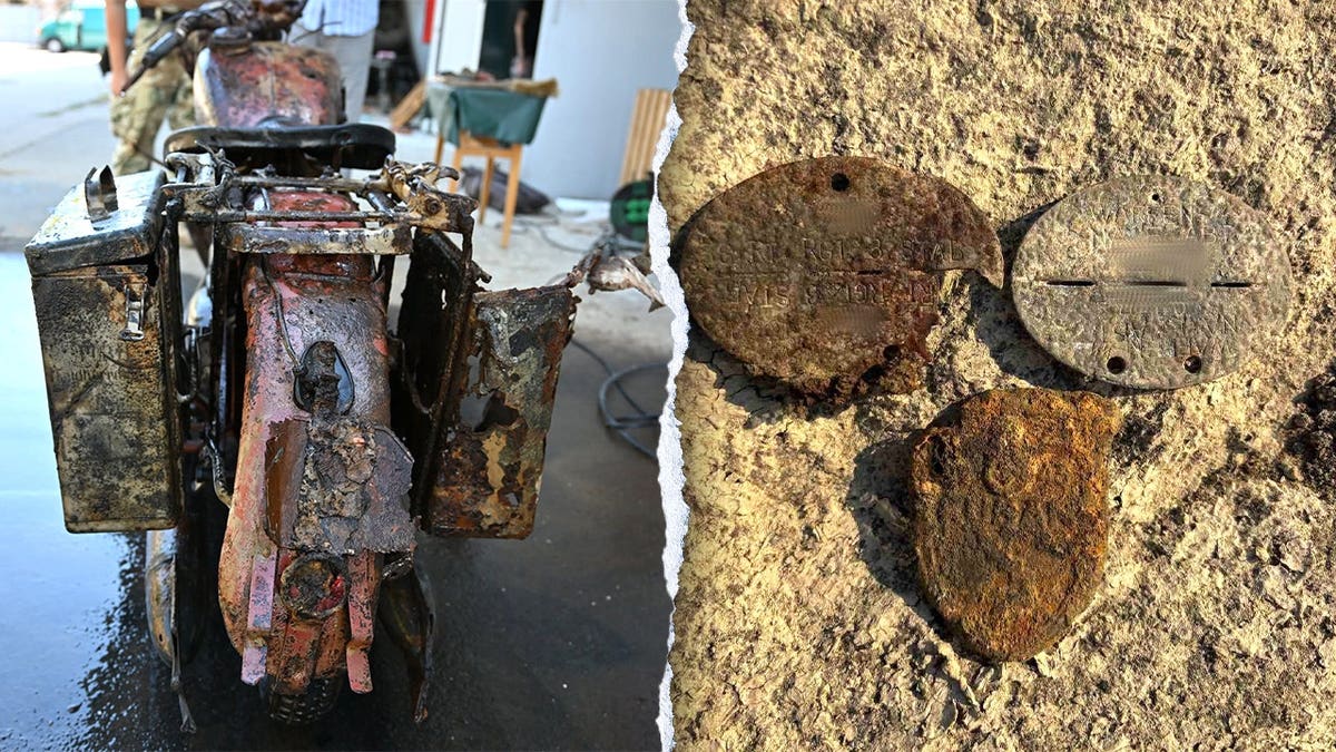 Split image of motorcycle front, corroded dog tags