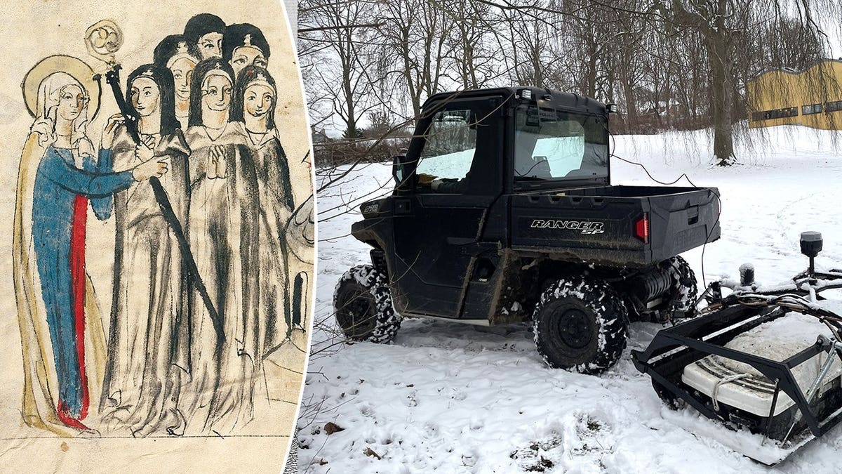 Depiction of medieval nuns next to truck at site in winter