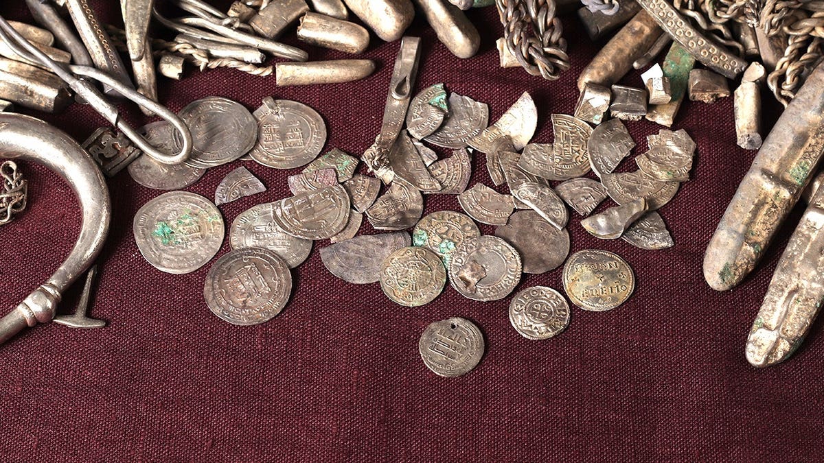 Close-up of coins in Viking hoard
