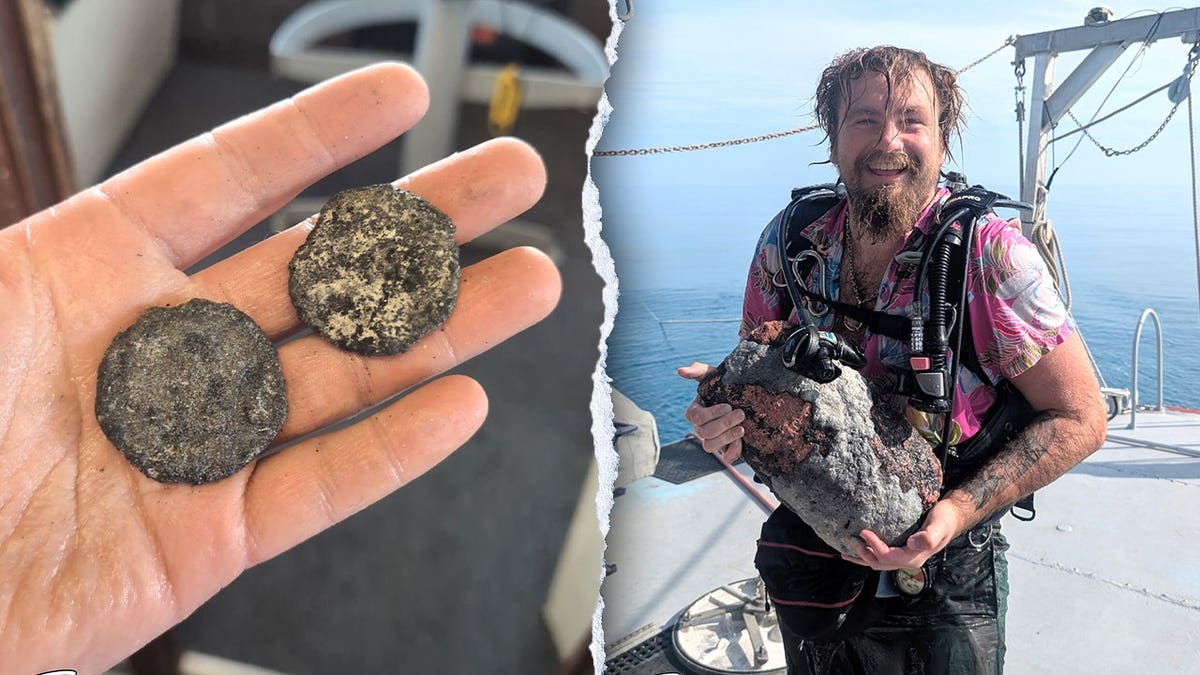 Split image of hand holding coins, Capt Drake holding ingot