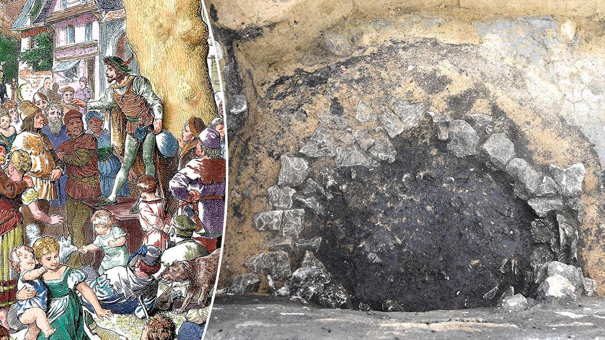 Split image of depiction of German village, pit at excavation site