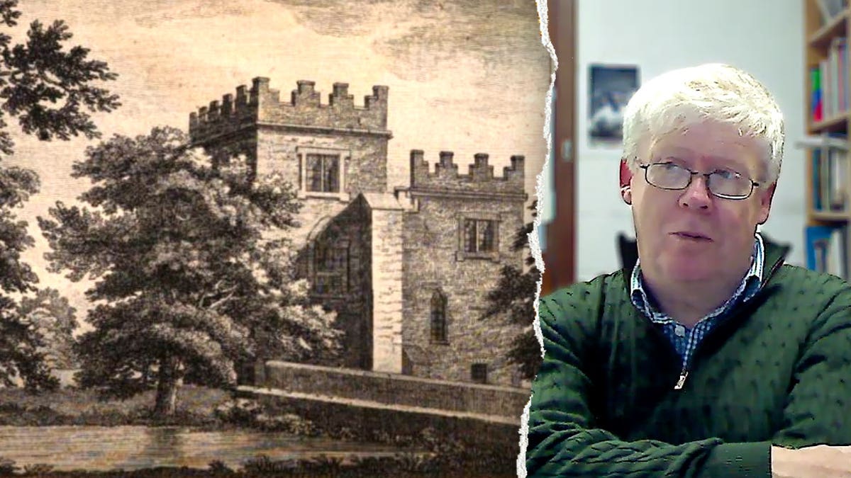 Split image of O'Keeffe talking, drawing of medieval castle