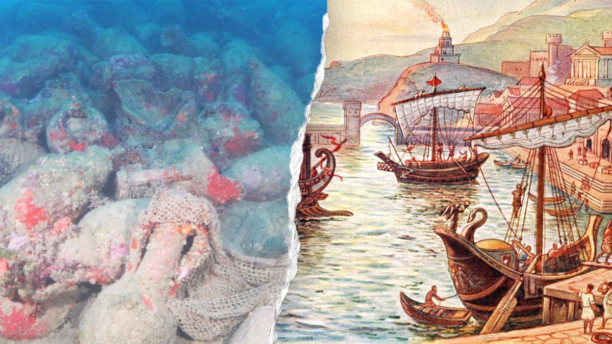 Split image of shipwreck site, ancient ships
