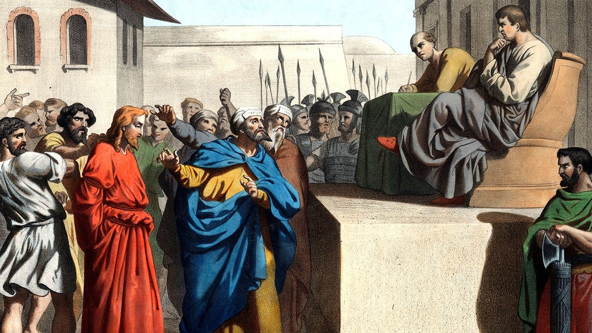 Illustration of Pontius sentencing Jesus to death