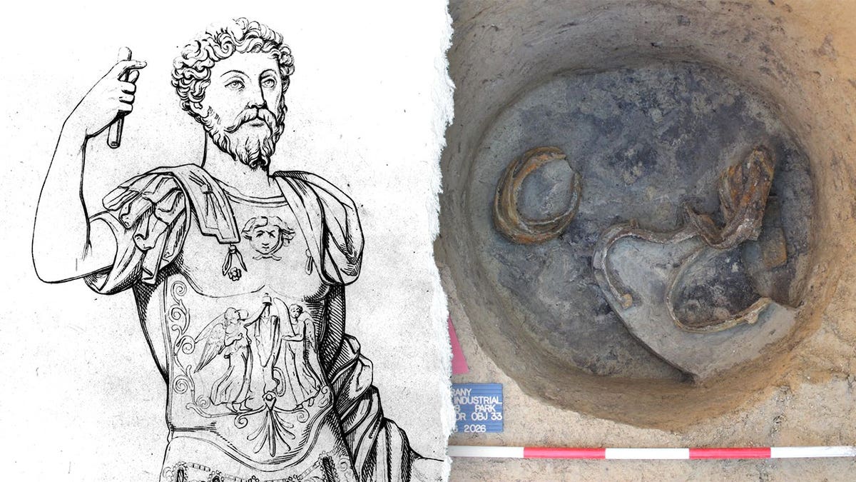 Split image of Marcus Aurelius, armor found at site