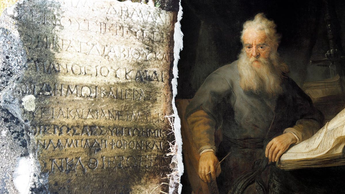 Ancient inscriptions next to portrait of St Paul