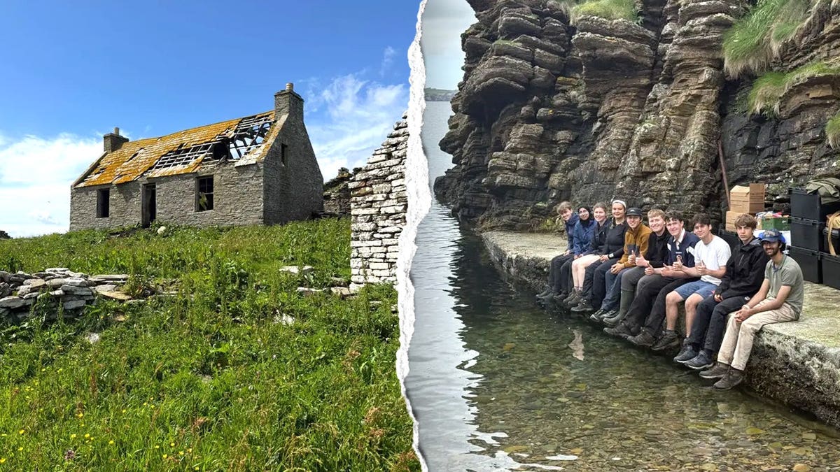 Split image of house where students said, students smiling