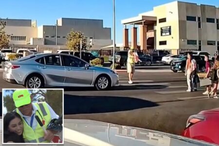 Wild dashcam video shows crossing guard shield mother and 2 kids from speeding car: ‘You’re a hero!’