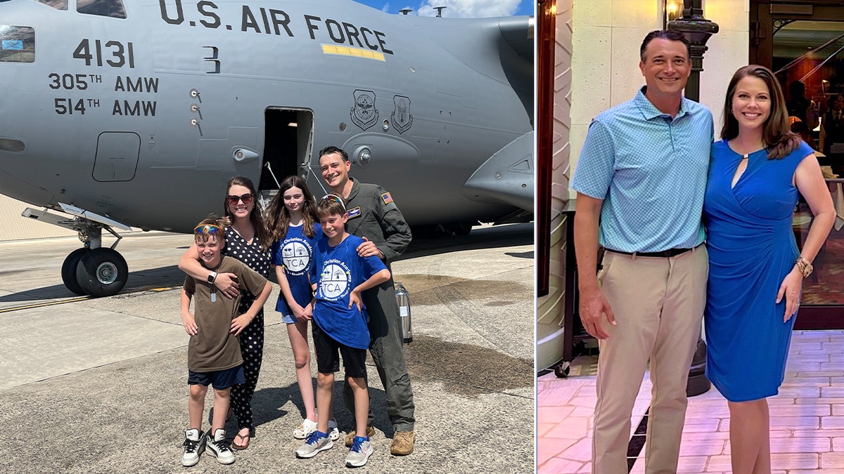 family posing in front of air force jet