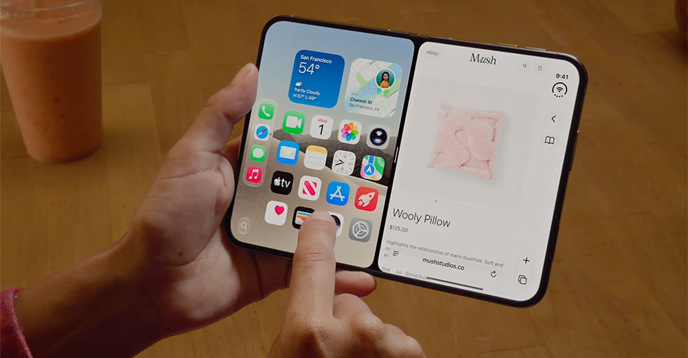 iPhone Duo showing the Home Screen and a web page side by side.