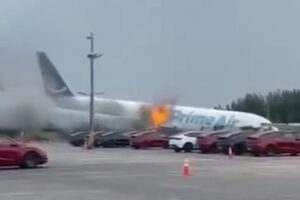 Flames shoot from Amazon cargo plane in dramatic video — as witnesses feared an explosion