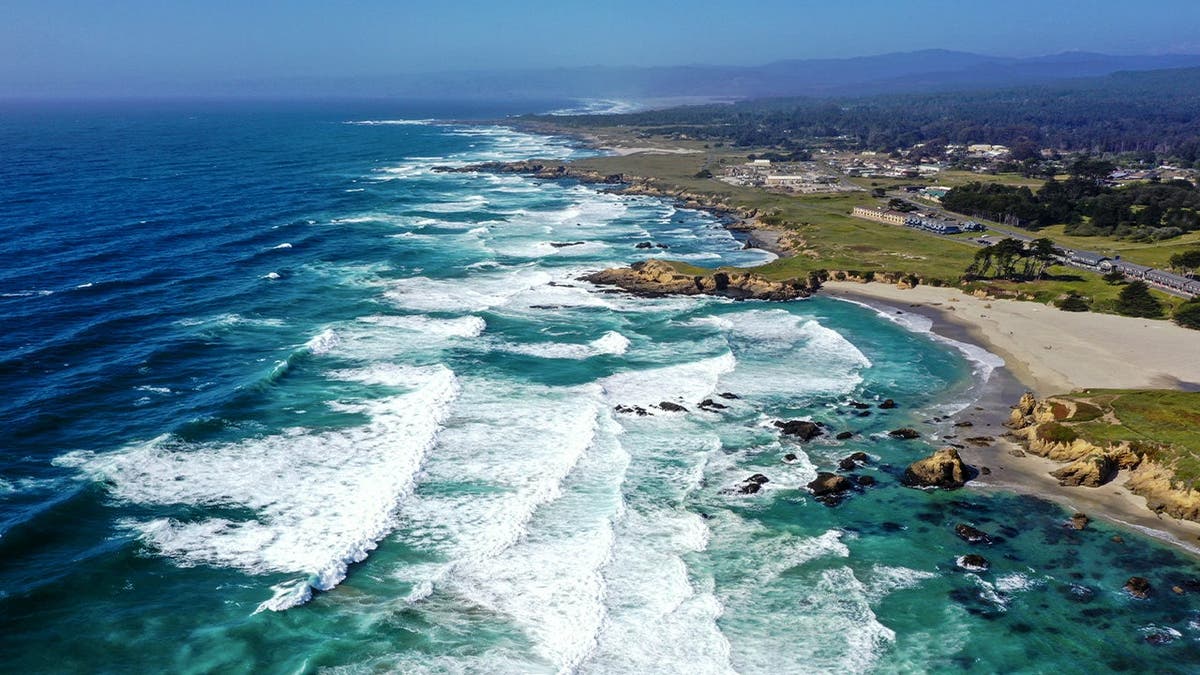 An aerial view of Glass Beach by the Pacific Ocean in Fort Bragg, California.