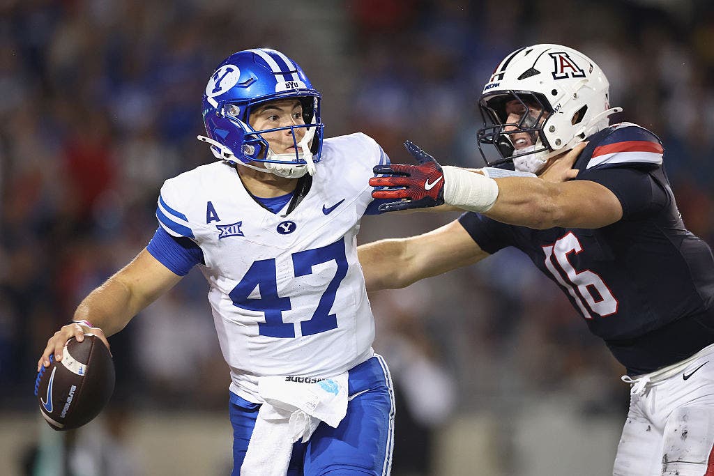 Bear Bachmeier and BYU beat Arizona 33-27 in overtime in 2025.  (Photo by Christian Petersen/Getty Images)