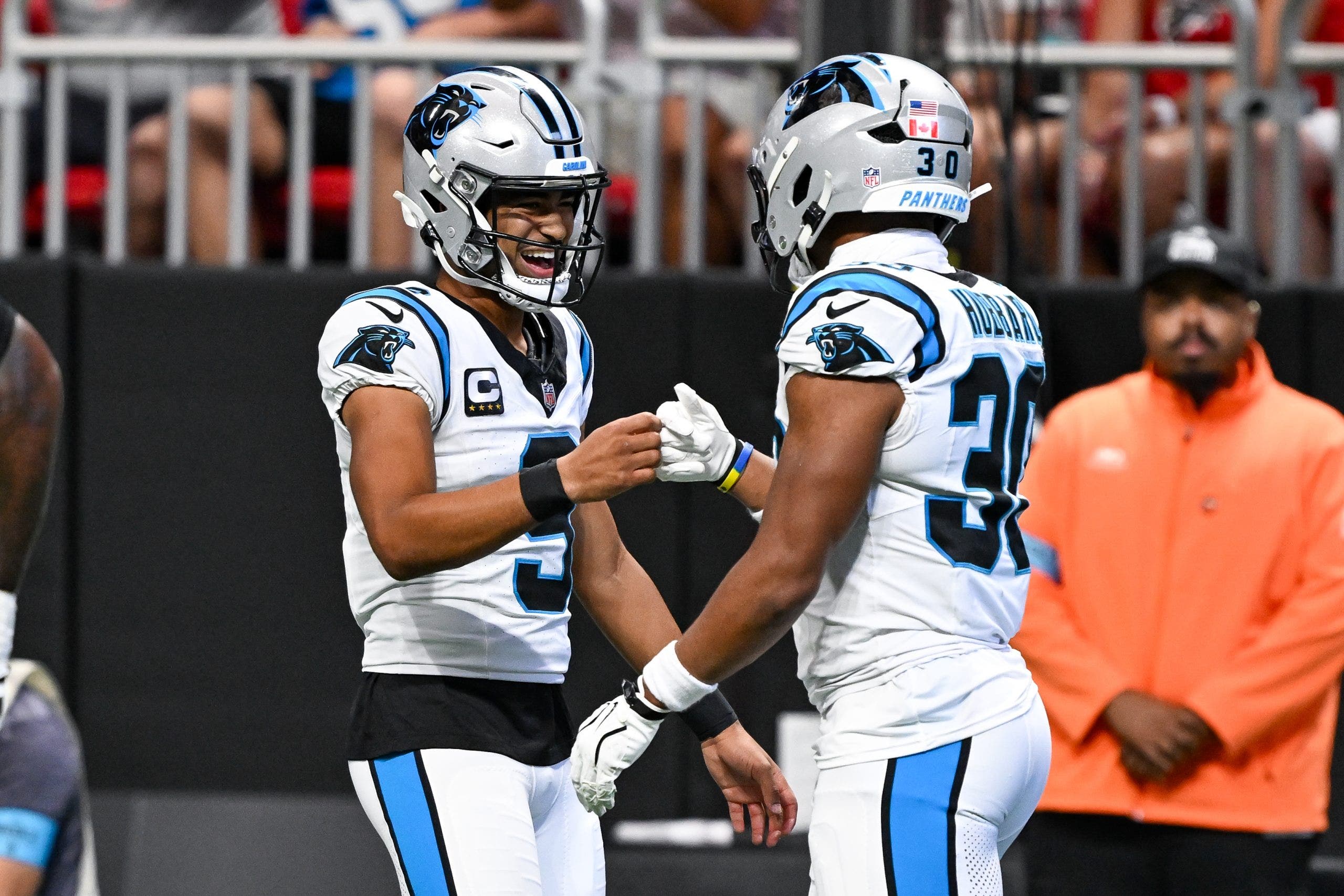 Bryce Young tossed one of his three touchdown passes to Chuba Hubbard and did not have any turnovers against the Falcons in week 2.(Photo by Rich von Biberstein/Icon Sportswire via Getty Images)