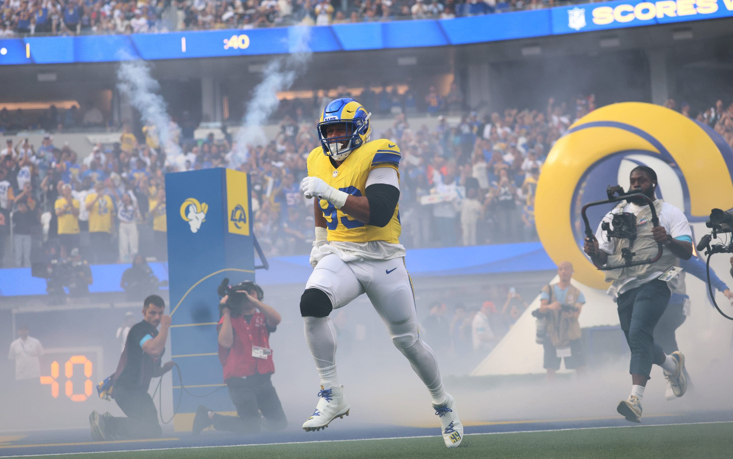 Aaron Donald's entrance was a memorable one on Monday night at SoFi Stadium before the Rams' win over the Giants. (Allen J. Schaben / Los Angeles Times via Getty Images)