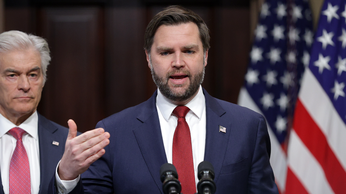 Vice President JD Vance speaks at a press conference in February