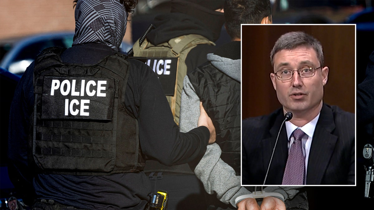 Federal judge Brian Murphy inset with ICE agents making an arrest