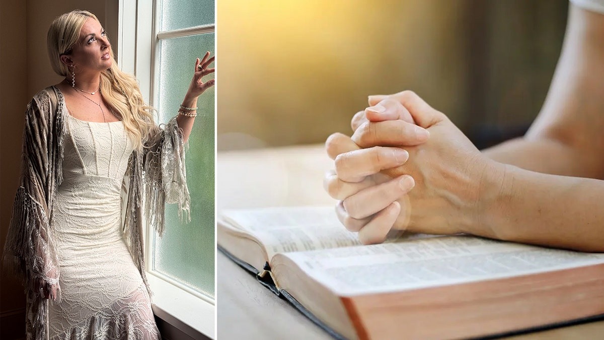 Karen Waldrup, country singer, on left, with woman praying with Bible on right