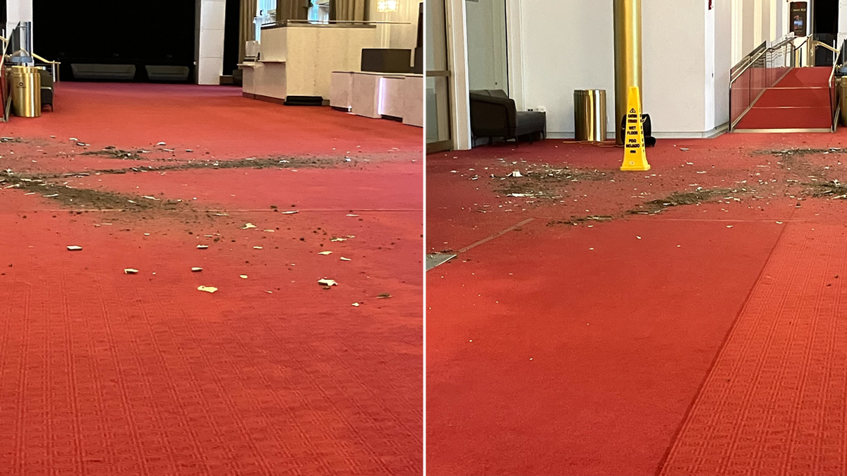 Damage to the Kennedy Center ceiling after part of it fell into the main hall on Sept. 4, 2026.