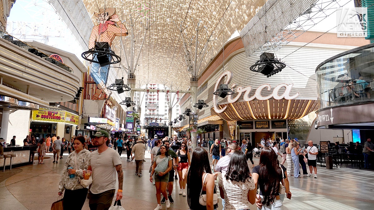 Customers shop on Fremont Street in Las Vegas.