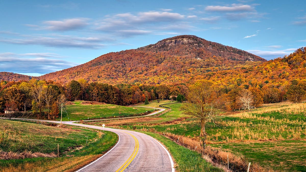 Mount Yonah is seen from a roadway during autumn in Georgia.