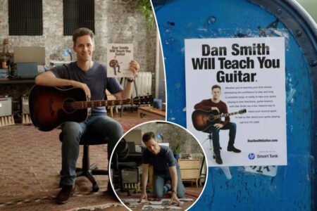 Exclusive | Iconic NYC guitar teacher known for his no-frills flyers lands Times Square billboard after 30 years