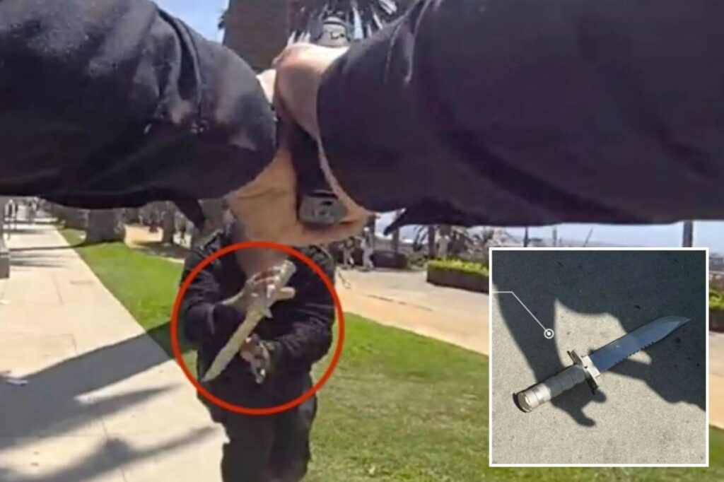 Chilling bodycam footage shows knife-wielding madman charge at police in Santa Monica