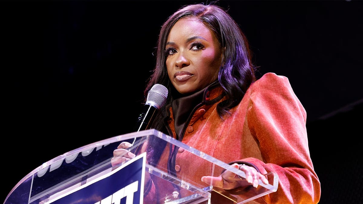 Rep. Jasmine Crockett speaking with supporters at election night party in Dallas