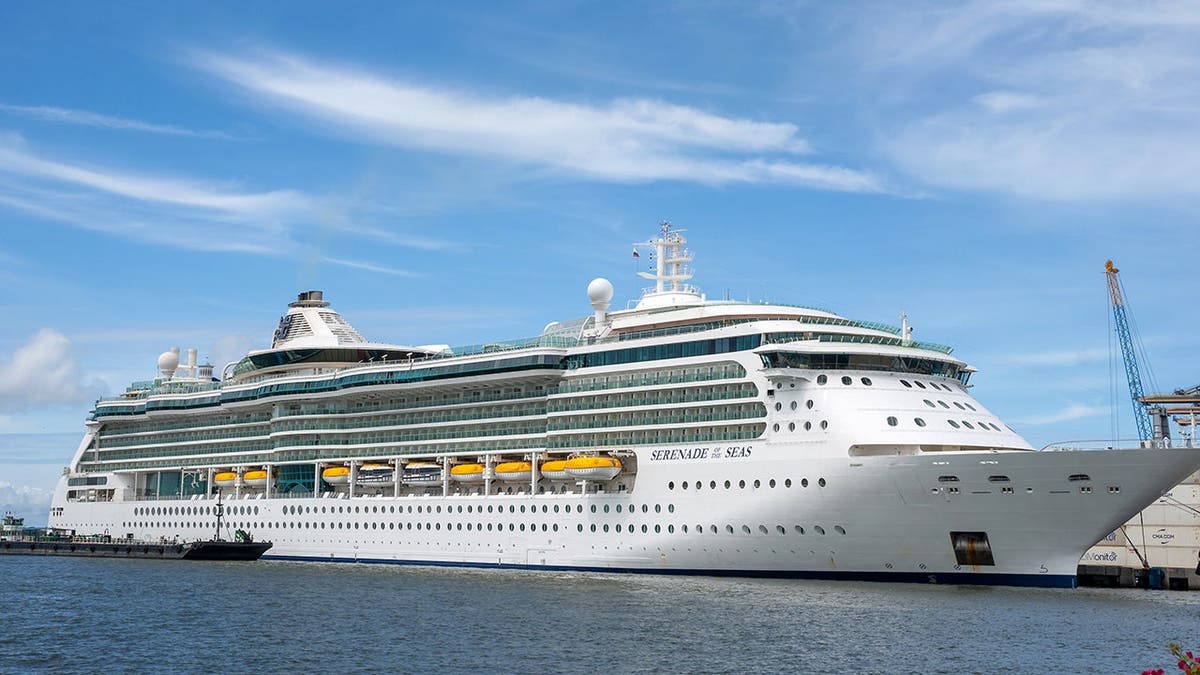 The Royal Caribbean ship Serenade of the Seas cruises in the water.